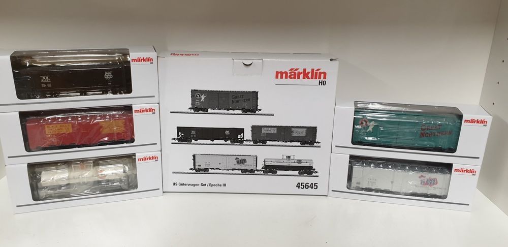 Märklin Modellini di ferrovie: Märklin US Güterwagen-Set H0/AC 45645 – Nuovo (secondo la descrizione) da Neuenhof venduto da ludovicco