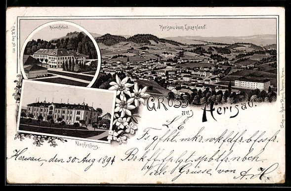 Cartoline postali: Litho Herisau, Heinrichsbad, Krankenhaus – Usato da Berlin venduto da bartko-reher