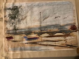 Original Pastell Zeichnung, signiert, Flusslandschaft