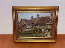 Ölbild Fachwerkhaus im Goldrahmen, signiert 1950
