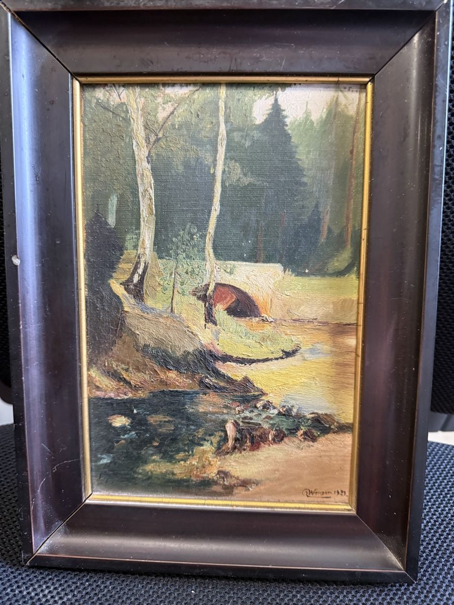 Dipinti: Gemälde "Wenger 1921" Flusslandschaft mit Rahmen, antik – Usato da Strengelbach venduto da RaenAntikDesign
