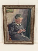 Vintage-Gemälde von Strickdame, gerahmtes Kunstdekor jetzt!