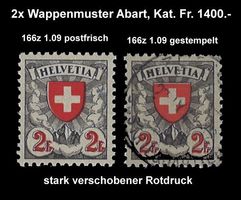 2x Wappenmuster 166z verschobener Rotdruck, Kat. Fr. 1‘400.-