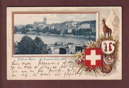 Gruss aus BASEL - Alte Rheinbrücke - 1900 Präge