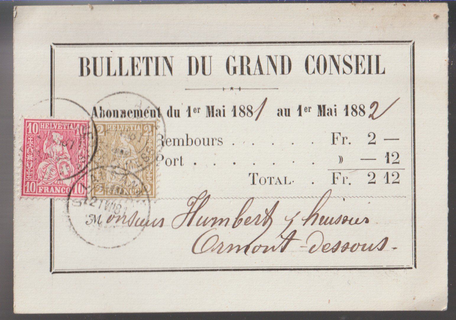 Tutti i francobolli: Remboursement NN 1882 2 Farbe Bulletin Grand Conseil Ormont – Usato da Biel/Bienne venduto da Destockweb