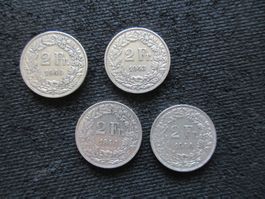 4 Schweizer SILBER Zweifränkler 1940,1943, 2 x 1944