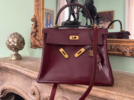 Vintage Hermès Kelly 28 Retourné ink Schultergurt / Bordeaux