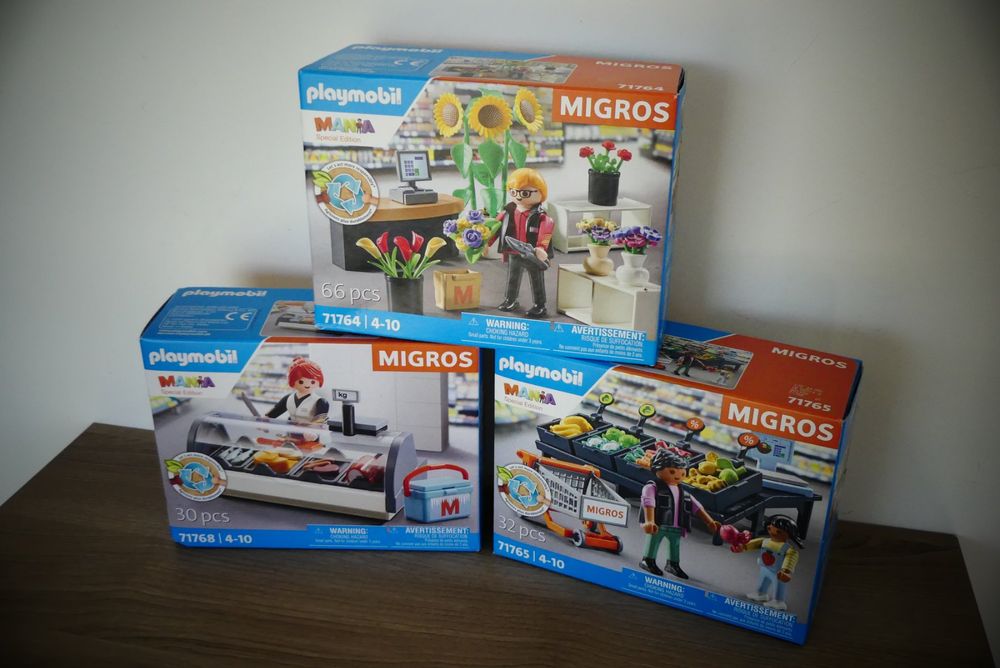 Migros Jeux de construction: Playmobil Migros Mania 3 Sets 71764 + 71765 + 71768 (Neu) – Neuf avec emballage d'origine à Bassersdorf par retrolab