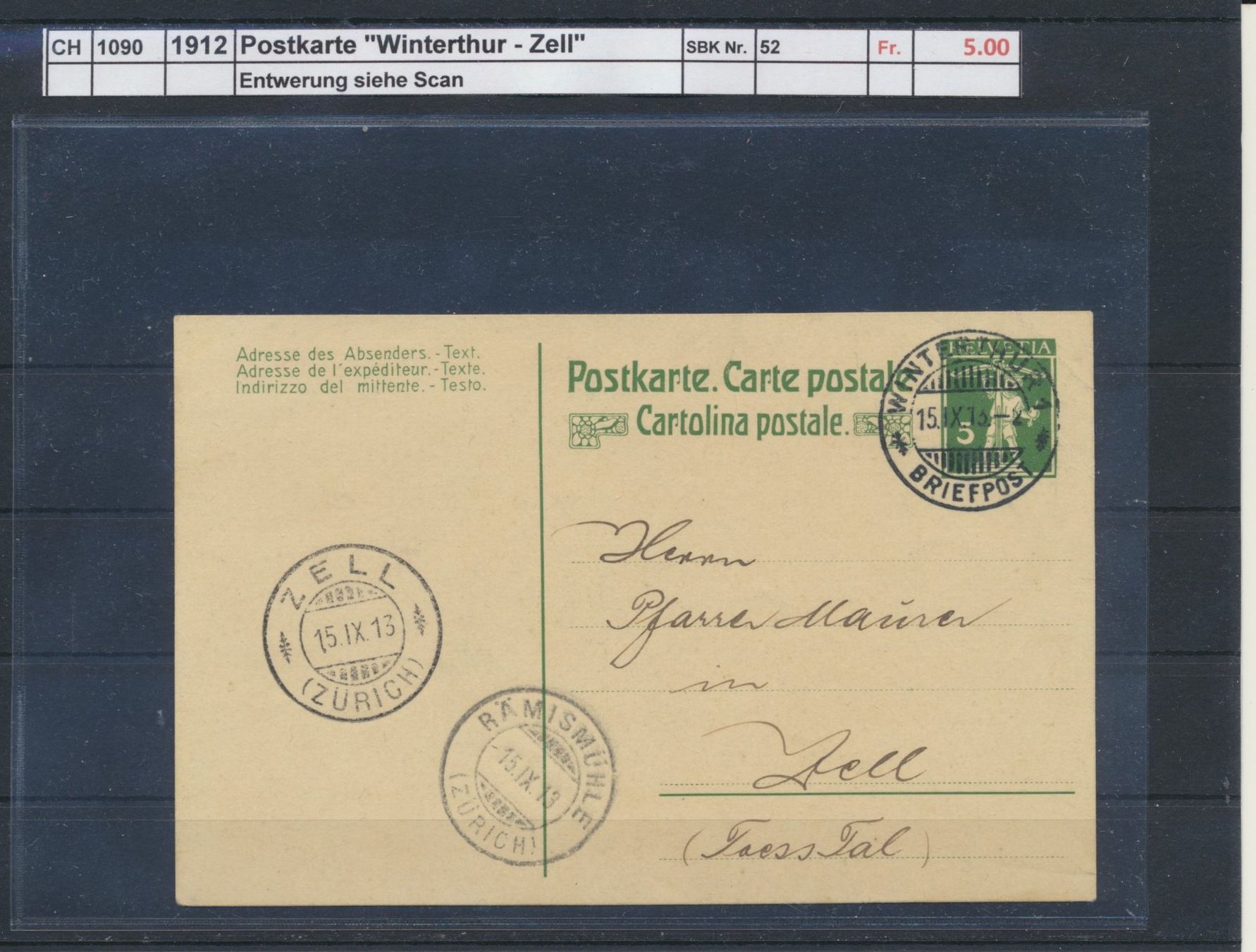 Tutti i francobolli: 1912 Postkarte, "Winterthur - Zell" – Usato da Winterthur venduto da Zupogeru