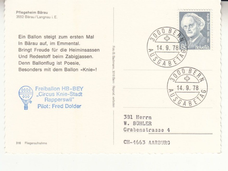Cartoline postali: Bärau Ballonflug Fred Dolder 1978 – Usato da Bürglen TG venduto da StampGraf 1