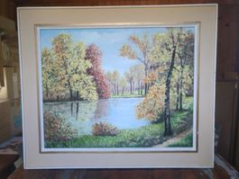 Gemälde Herbstlandschaft mit See, 70cm Breite, guter Zustand