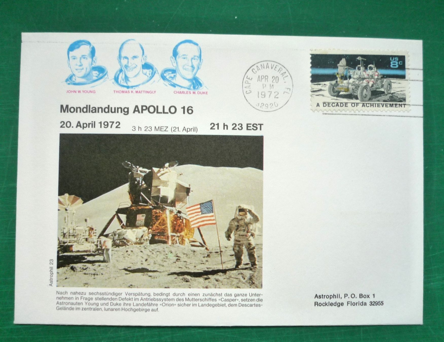 Tutti i francobolli: Ersttagsbrief: Mondlandung APOLLO 16, 20. April 1972 – Nuovo (secondo la descrizione) da Rafz venduto da Sonnenblume305