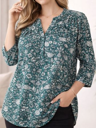 Blusenshirt Gr L Grün Weiss tunika floral  weich & bequem 70