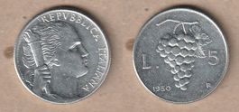 Italien, 5 Lire 1950 R