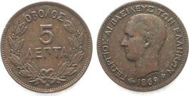 GRIECHENLAND 5 Lepta 1869 BB GEORG I. Kupfer vz