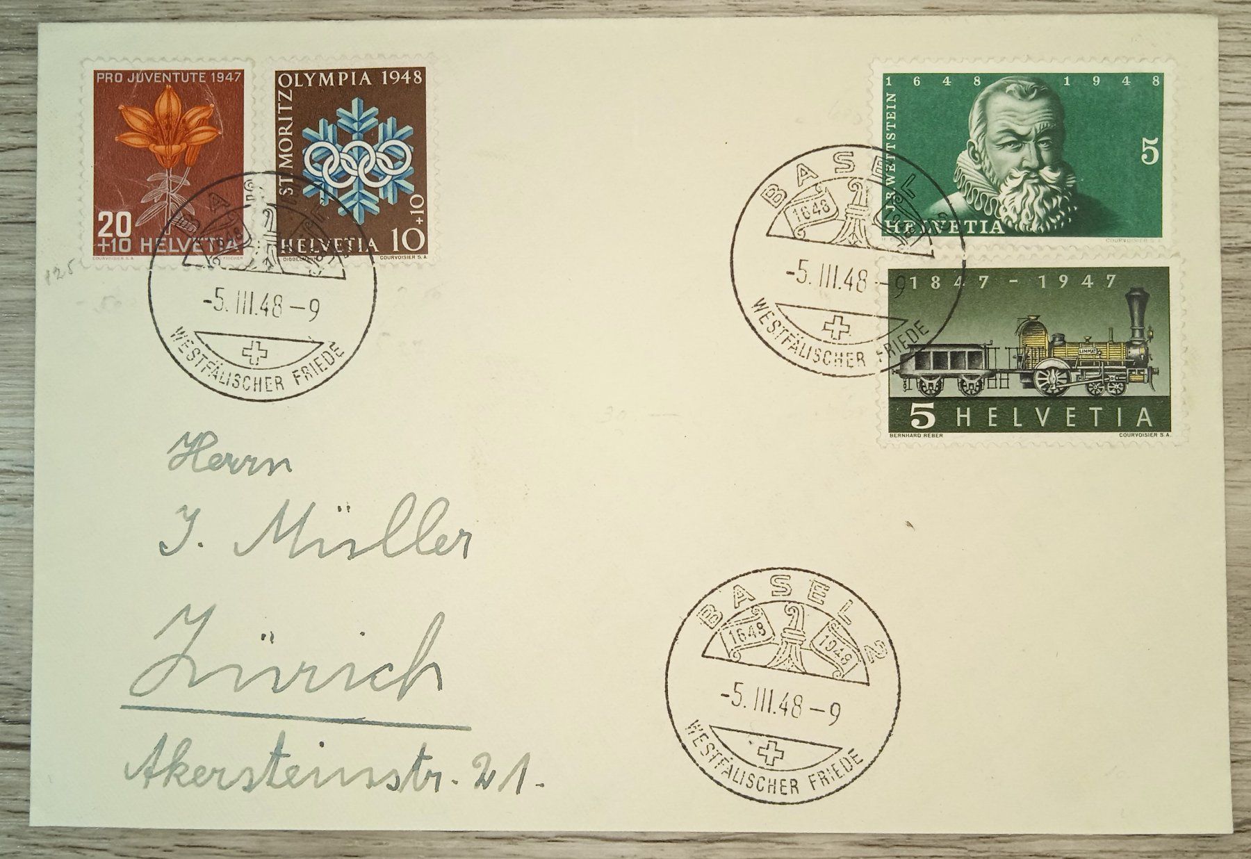 Alle Briefmarken: TR59 Enveloppe + Timbre Suisse 1948 – Gebraucht aus Cousset von Patrick_Collections