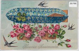 Heureux Anniversaire - Blumen-Zeppelin - Präge-Litho