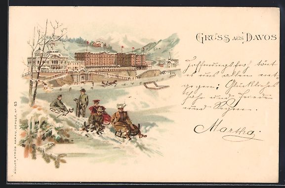 Cartoline postali: Winter-Lithographie Davos, Ortsansicht,  – Usato da Berlin venduto da bartko-reher