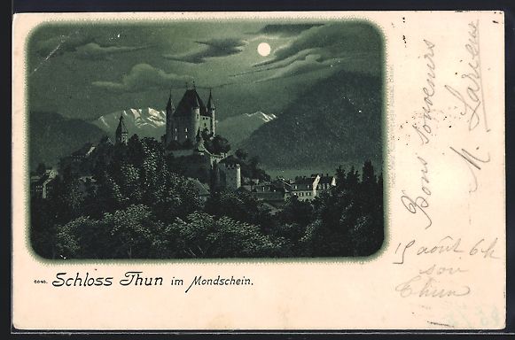 Cartoline postali: Lithographie Thun, Blick auf das Schloss – Usato da Berlin venduto da bartko-reher