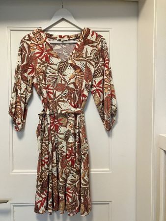 Kleid, Damen, Gr .XS, beige, Blättermuster