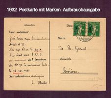 1932 Postkarte mit Marken Aufbrauchsausgabe