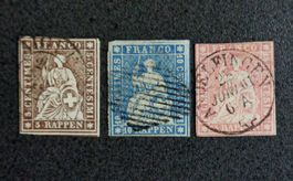 SWITZERLAND 1854–1859: «Strubeli», 3 timbres oblitérés