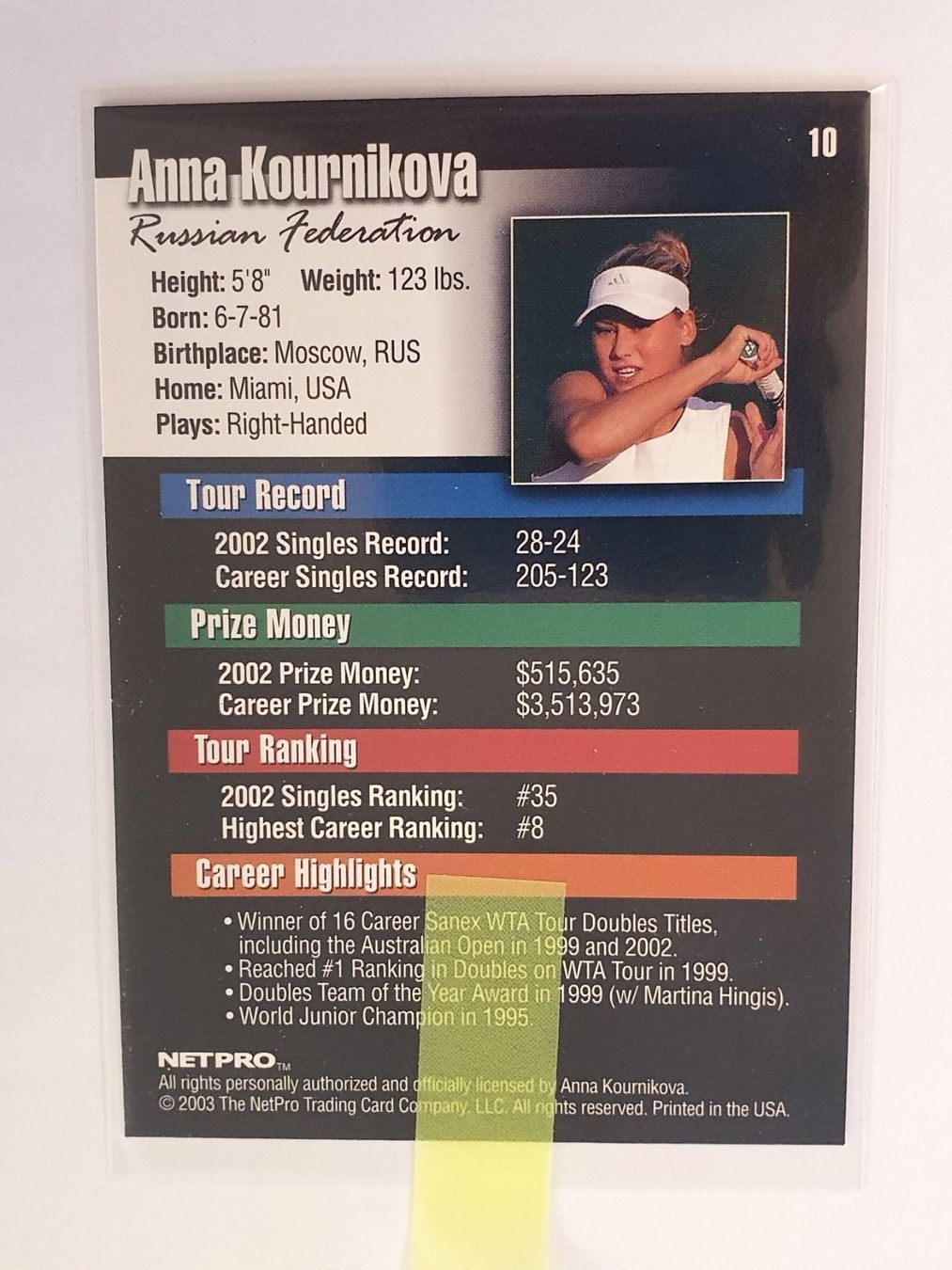 Carte collezionabili: Anna Kournikova Tennis Netpro 2003 Card – Usato da Oberdorf BL venduto da BaldenEagle 3