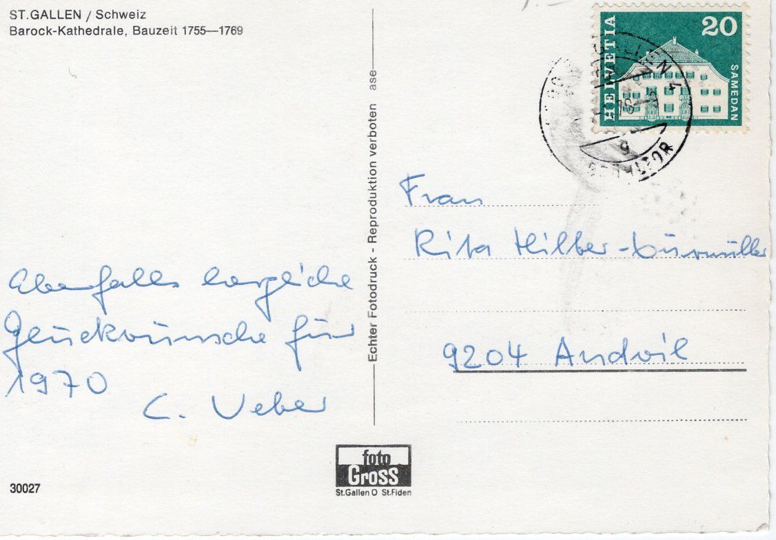 Cartoline postali: St. Gallen Kloster im Winter 1970. – Usato da St. Gallen venduto da Epu 1