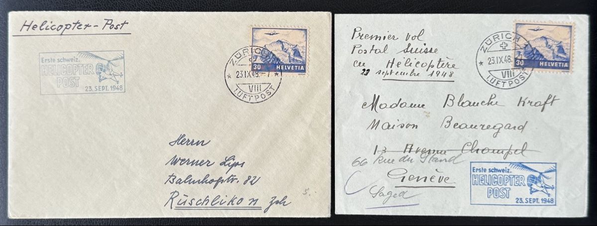Tous les timbres: Schweiz 1948 - 2x Helicopter-Post, 23.IX.48 – D'occasion à birsfelden par tim0444
