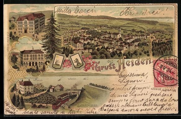Cartoline postali: Litho Heiden, Gemeindehaus, Schulhaus, P – Usato da Berlin venduto da bartko-reher