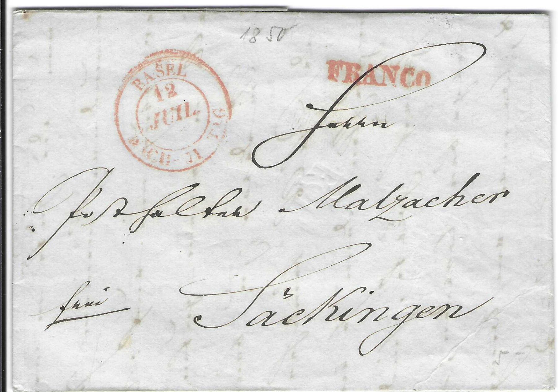 Tutti i francobolli: Faltbrief Basel - Säckingen  1850 – Usato da Wildhaus venduto da Brunphil