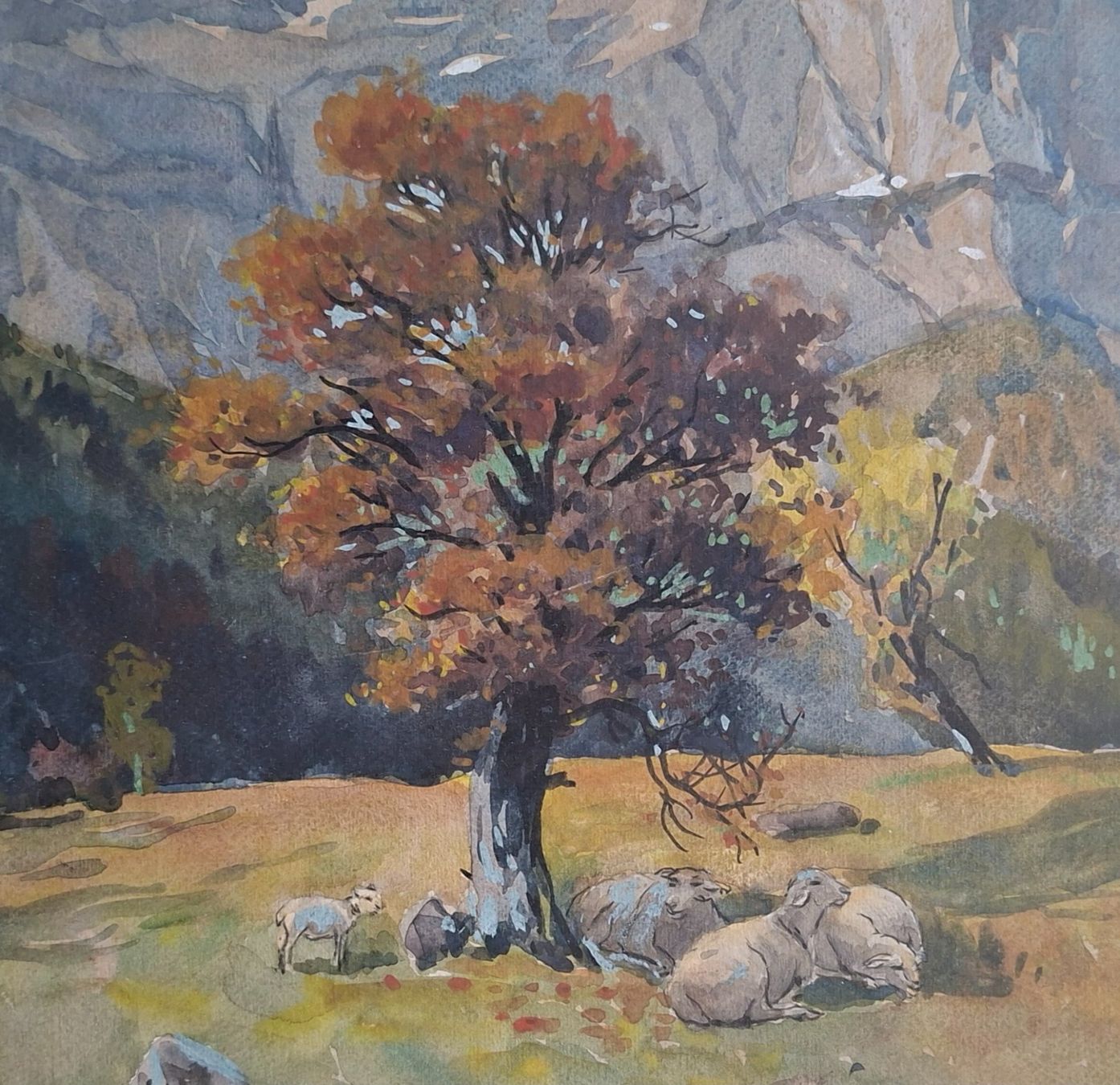 Dipinti: Krause Willy, München, Landschaft, Aquarell, Schafe, Baum – Usato da Herisau venduto da Saentis1 3