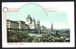 Bern, Teilansicht mit blühenden Bäumen