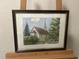 Aquarell Bild, Kirche im Sommer, gerahmt und signiert