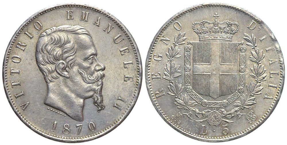 Tutti le monete: Italien, 5 Lire 1870 Milano – Usato da Chiasso venduto da Novamarketing