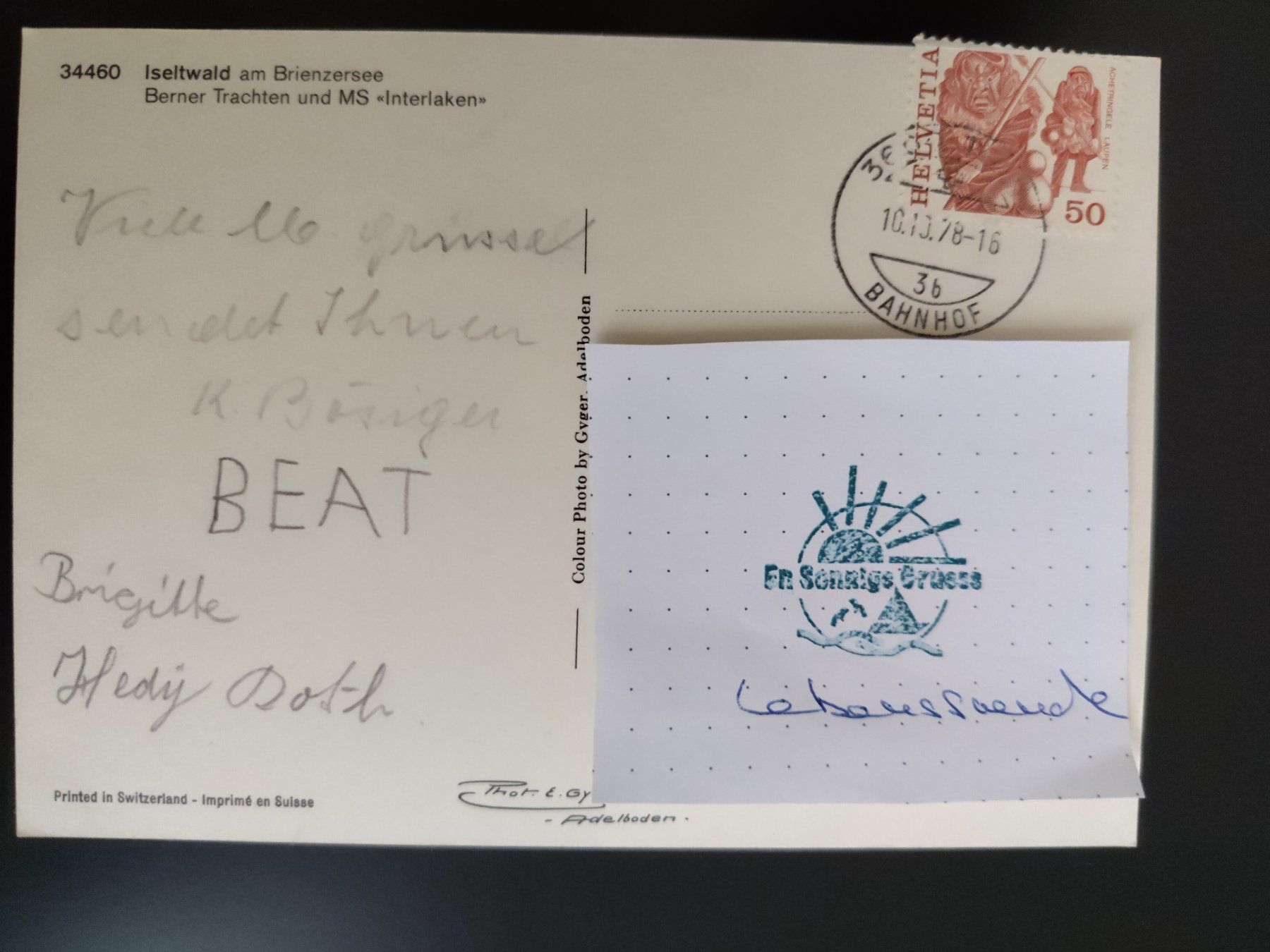 Cartoline postali: Schiff Interlaken, Iseltwald Brienzersee dat. 1978 – Usato da Ohmstal venduto da Lebensfreude05 1