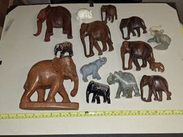 12 Elefanten Konvolut: Holz, Stein, Keramik