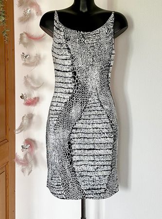 TOP☀️Gr XS S 36 Stretch Minikleid schwarz weiss Schlangen-Pr