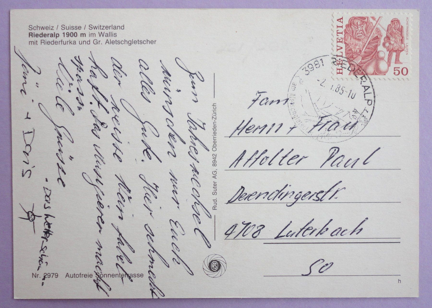 Cartoline postali: Riederalp 1900 m im Wallis – Usato da Fétigny venduto da Billy2miny 1
