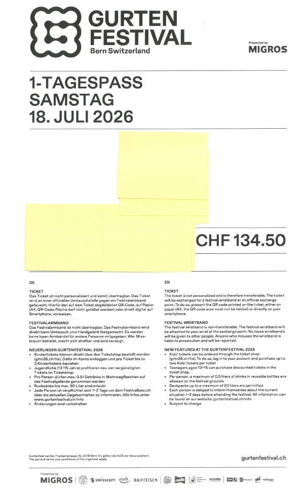 Biglietti: Gurtenfestival 1-Tagespass Samstag, 18.07.2026 – Nuovo (secondo la descrizione) da Ueberstorf venduto da nechino