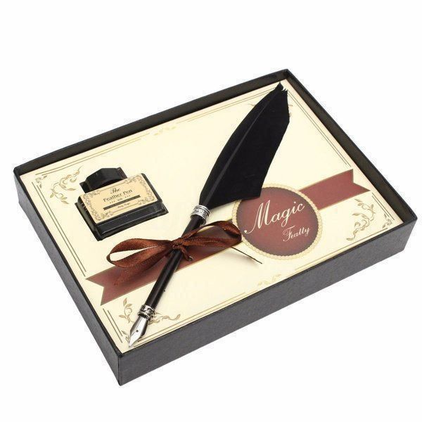 HUAWELL Antike Federkiel-Set – Mit Federstift, 5 Federn, Tinte & Geschenkbox, Für Kalligrafie & Stilvolles Schreiben