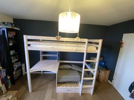 Flexa-Hochbett mit Schreibtisch und Sitzbank/Gästebett Holz