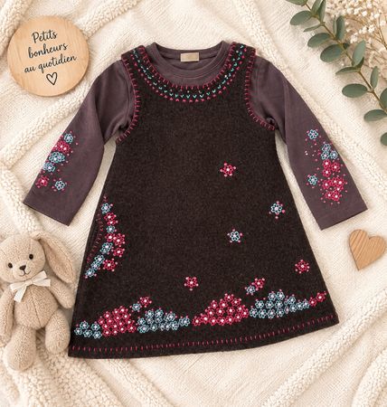 Robe hivernale enfant, manches longues, motifs floraux