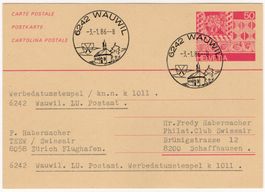 ET des Werbedatum-ʘ 6242 WAUWIL auf Ganzsachen-Postkarte