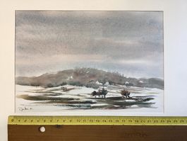 Schönes original Aquarell Winterlandschaft 1986 mit Signatur