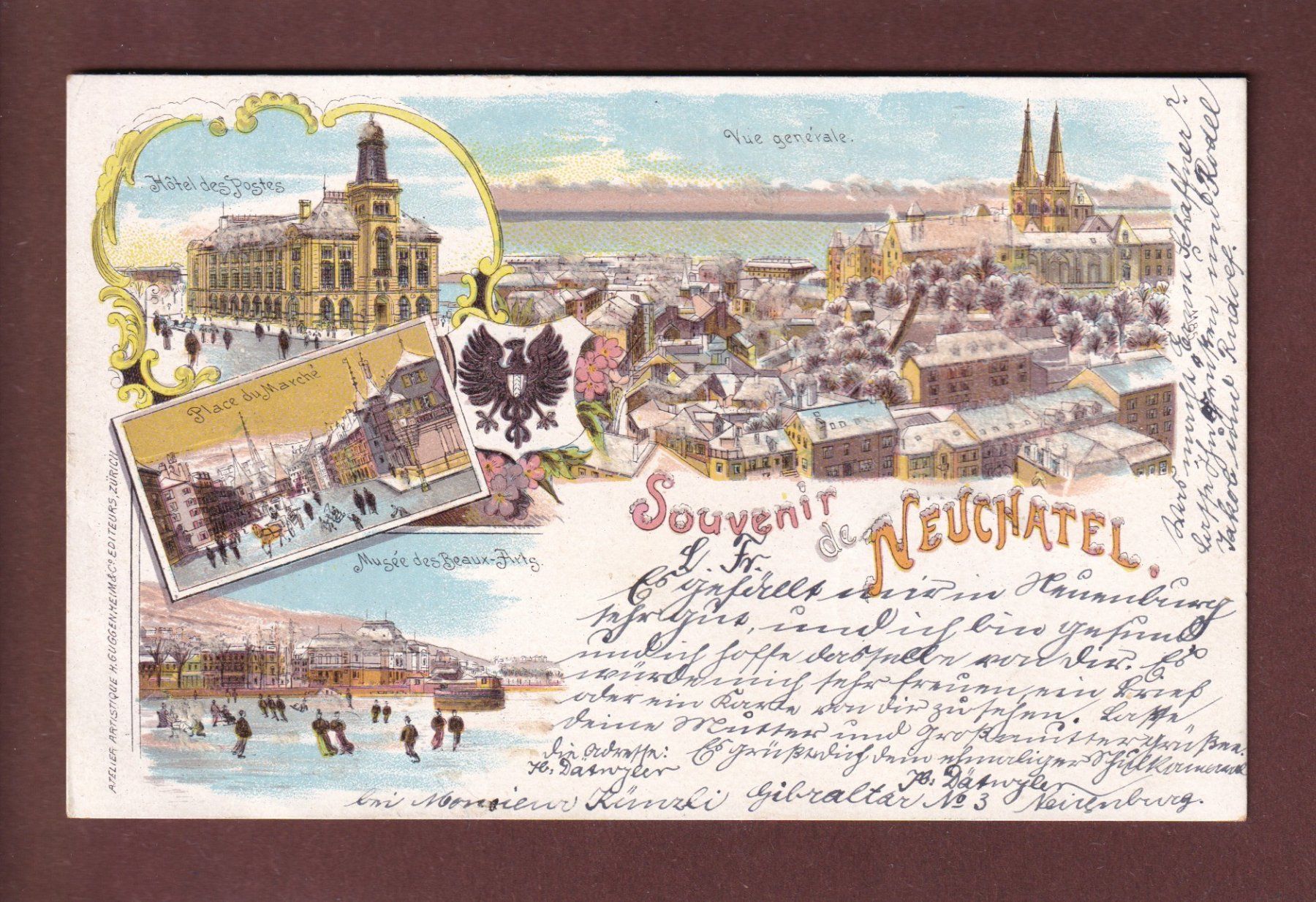Cartoline postali: Souvenir de NEUCHÂTEL - Neige - 1900 Litho – Usato da Pully venduto da nicecards