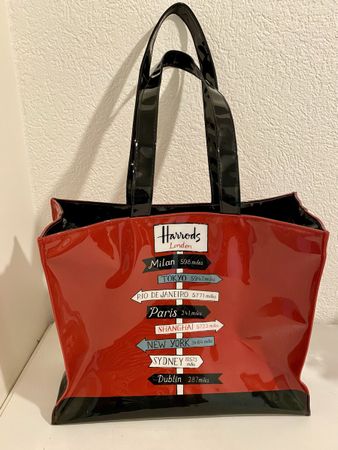 Harrods London Shopper Tragetasche, neuwertig, rot-schwarz