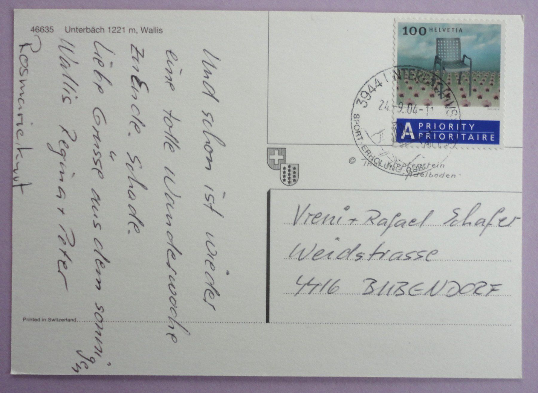 Cartoline postali: Unterbäch 1221 m, Wallis – Usato da Fétigny venduto da Billy2miny 1