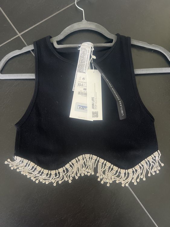Zara Top, schwarz, mit Strass Fransen, Gr. XS/S, Neu (Neu (gemäss ...