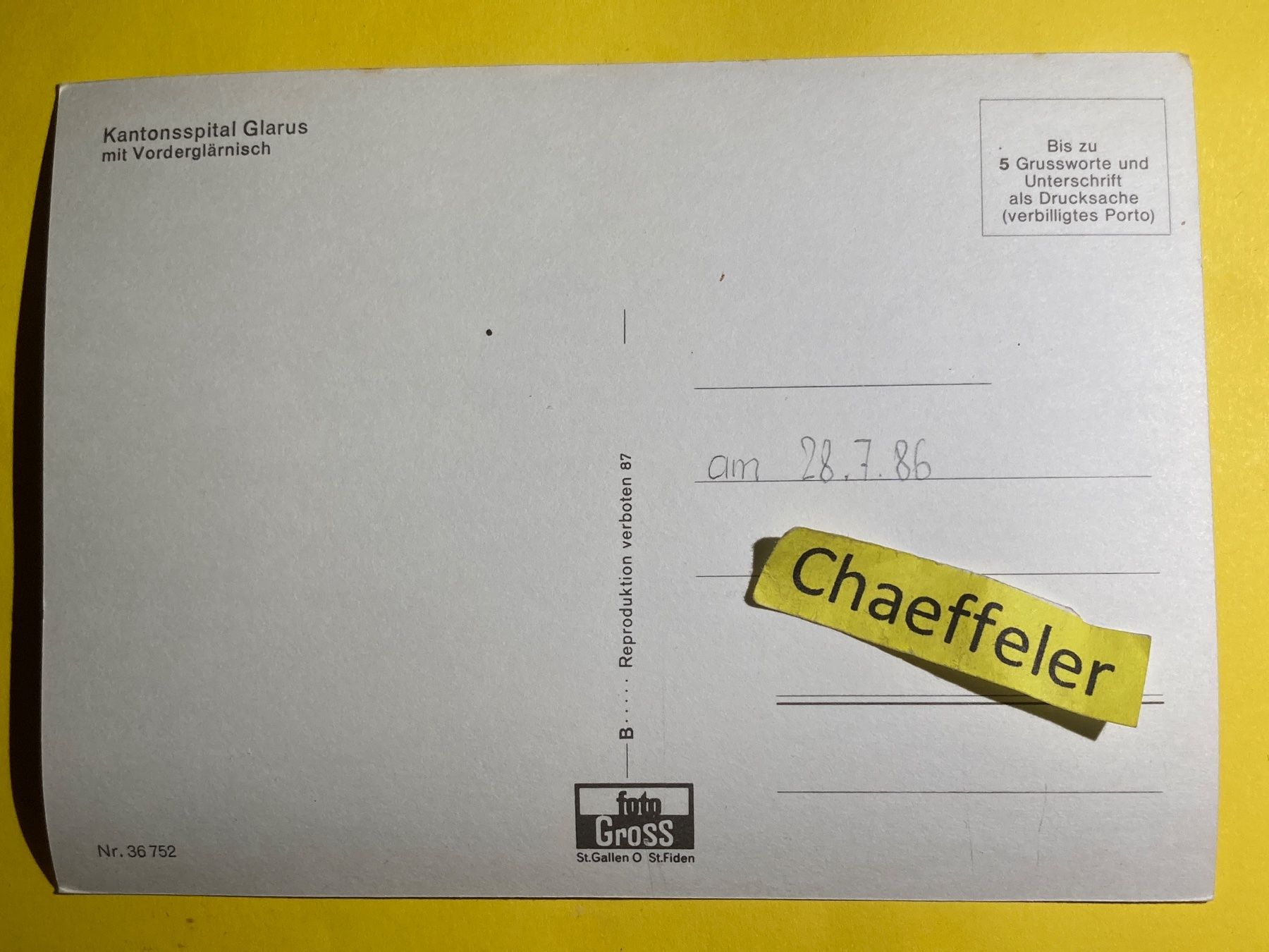 Cartoline postali: 1986 Kantonsspital Glarus mit Vorderglärnisch – Usato da Zürich venduto da Chaeffeler 1
